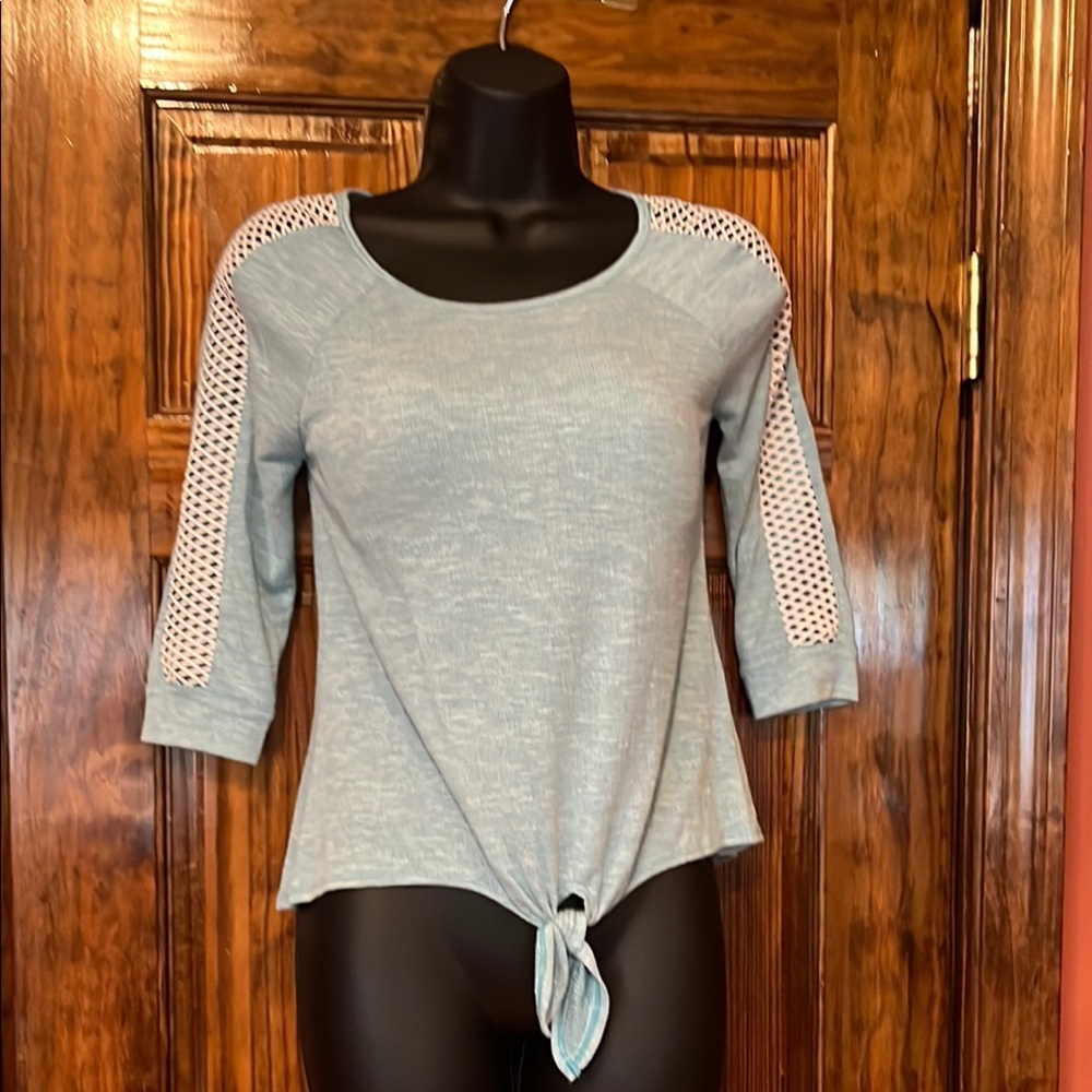Aqua Tie Front Blouse with 3/4 Long Sleeves